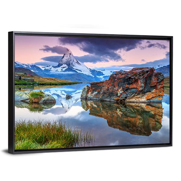 Alpine Lake & Matterhorn Canvas Wall Art-3 Horizontal-Gallery Wrap-25" x 16"-Tiaracle