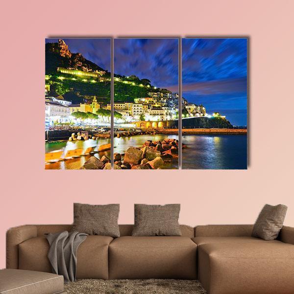Amalfi Village Along Amalfi Coast At Night Canvas Wall Art-3 Horizontal-Gallery Wrap-37" x 24"-Tiaracle