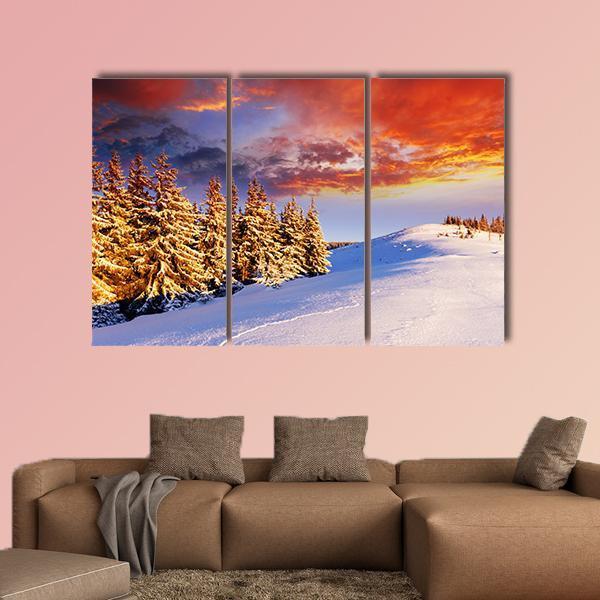 Sunset In The Winter Mountains Canvas Wall Art-3 Horizontal-Gallery Wrap-25" x 16"-Tiaracle