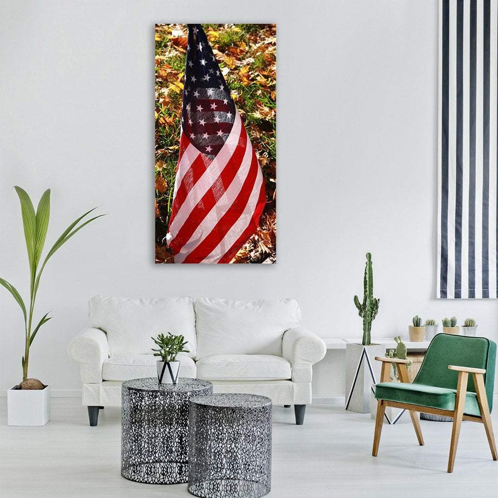 American Flag In Fall Vertical Canvas Wall Art-1 Vertical-Gallery Wrap-12" x 24"-Tiaracle