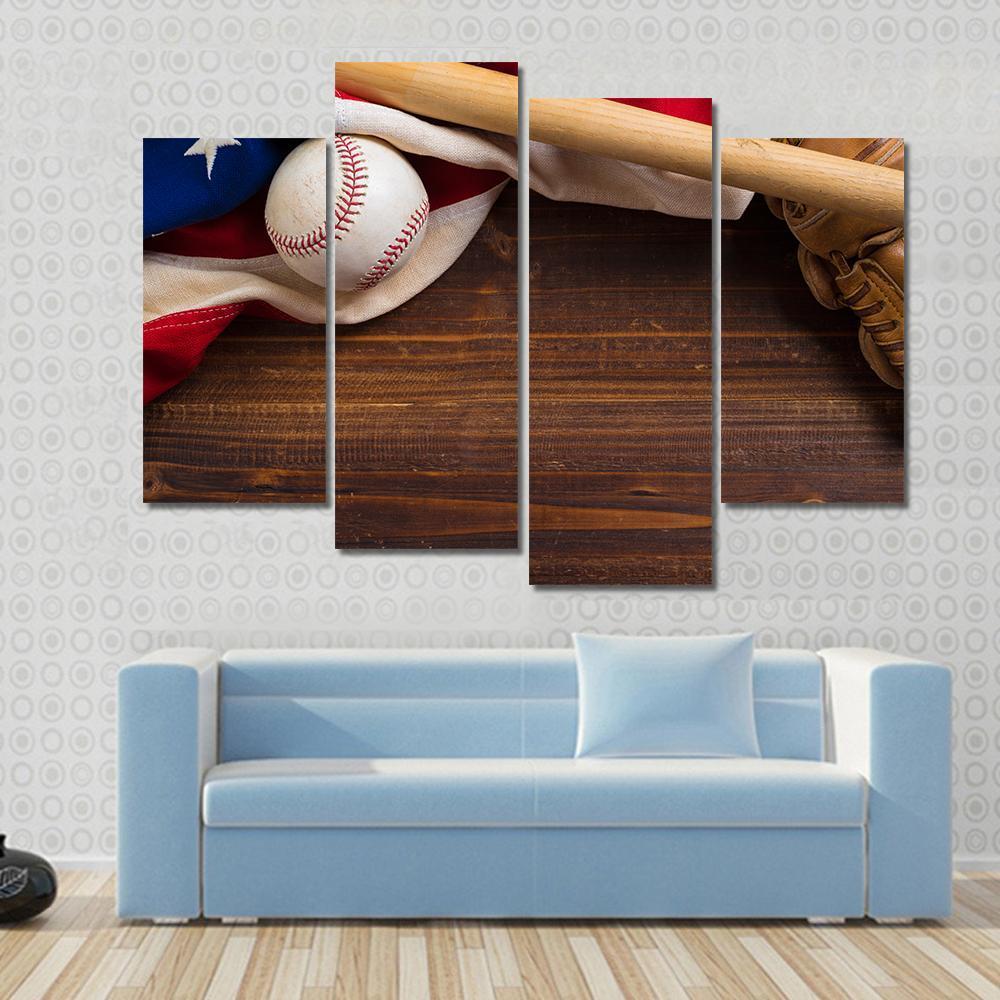 American Flag With Baseball Canvas Wall Art-4 Pop-Gallery Wrap-50" x 32"-Tiaracle