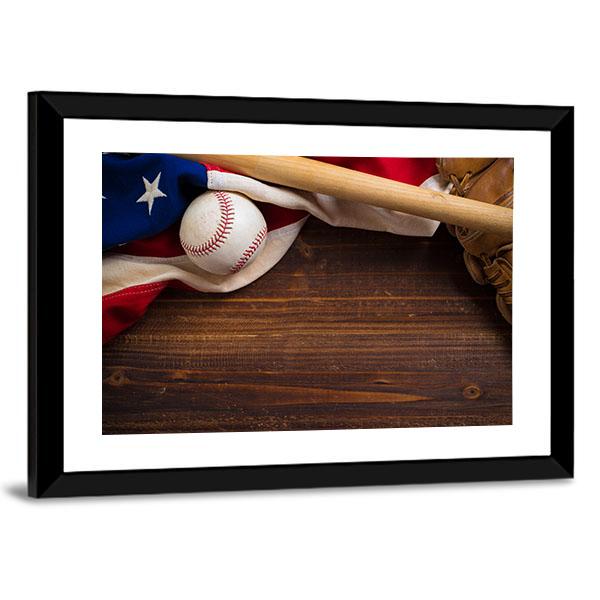 American Flag With Baseball Canvas Wall Art-3 Horizontal-Gallery Wrap-25" x 16"-Tiaracle