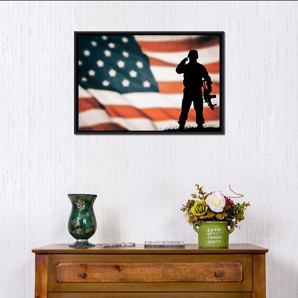 American Soldier Silhouette Canvas Wall Art-1 Piece-Floating Frame-24" x 16"-Tiaracle