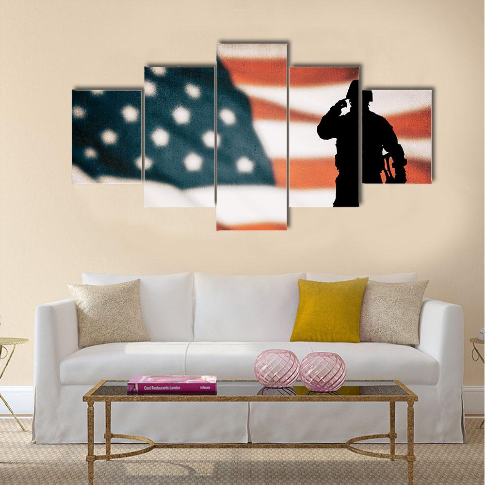 American Soldier Silhouette Canvas Wall Art-5 Star-Gallery Wrap-42" x 21"-Tiaracle