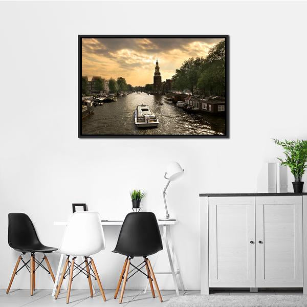 Amstel River With Cruise Ship Canvas Wall Art-1 Piece-Floating Frame-24" x 16"-Tiaracle