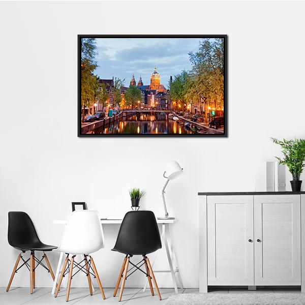 Amsterdam At Dusk Canvas Wall Art-1 Piece-Floating Frame-24" x 16"-Tiaracle