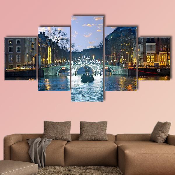 Amsterdam Lights In The City Canvas Wall Art-5 Star-Gallery Wrap-62" x 32"-Tiaracle