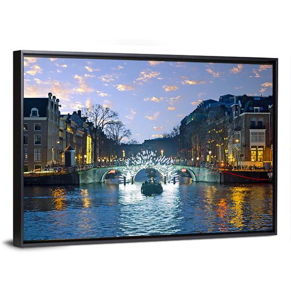 Amsterdam Lights In The City Canvas Wall Art-3 Horizontal-Gallery Wrap-25" x 16"-Tiaracle