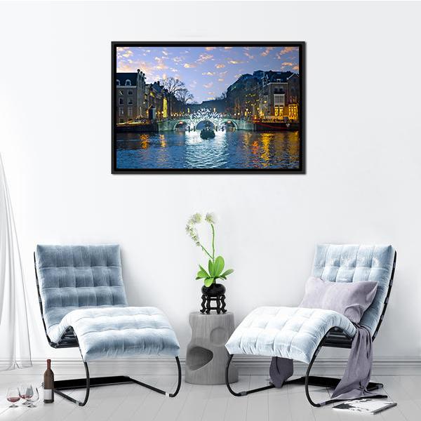 Amsterdam Lights In The City Canvas Wall Art-3 Horizontal-Gallery Wrap-25" x 16"-Tiaracle