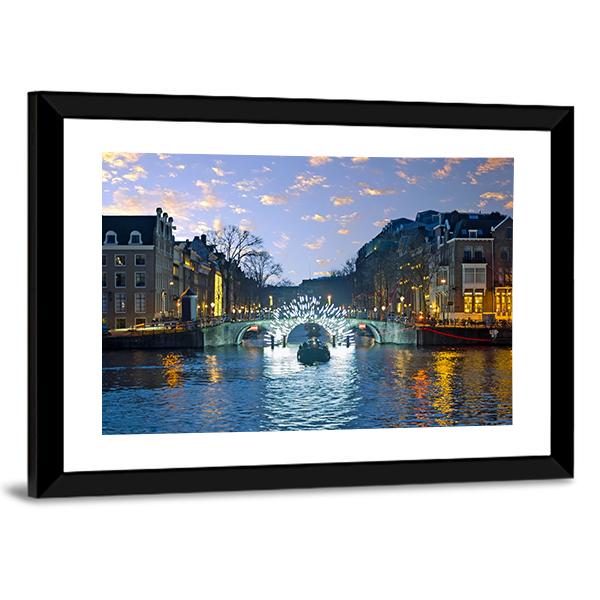 Amsterdam Lights In The City Canvas Wall Art-3 Horizontal-Gallery Wrap-25" x 16"-Tiaracle