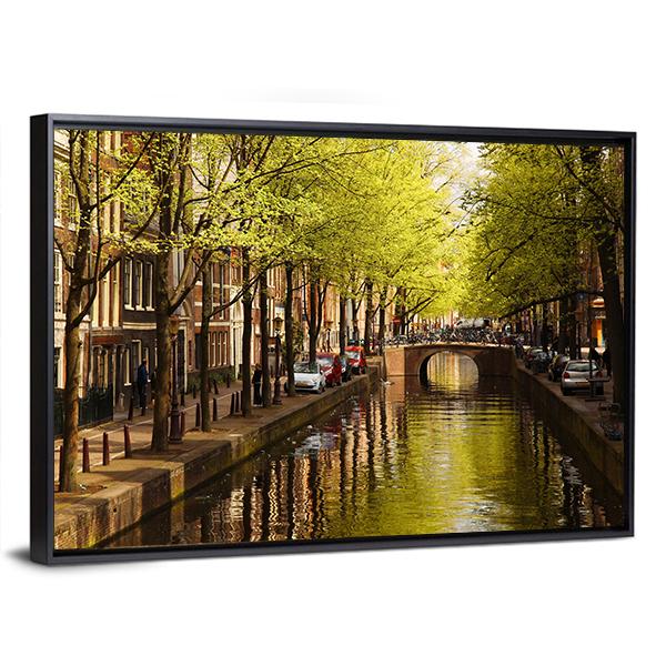 Amsterdam With Green Canal Canvas Wall Art-3 Horizontal-Gallery Wrap-25" x 16"-Tiaracle