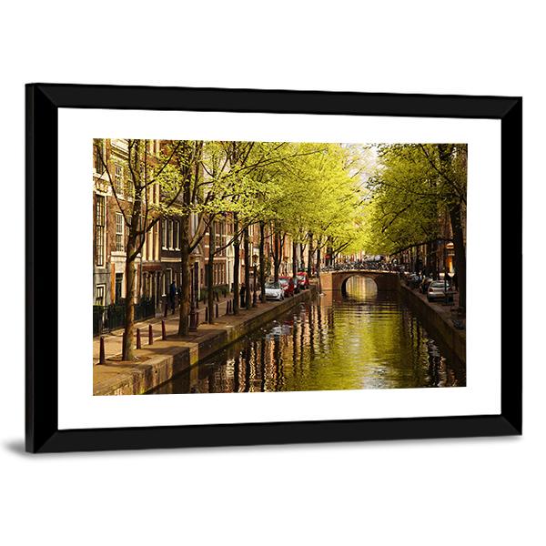 Amsterdam With Green Canal Canvas Wall Art-3 Horizontal-Gallery Wrap-25" x 16"-Tiaracle