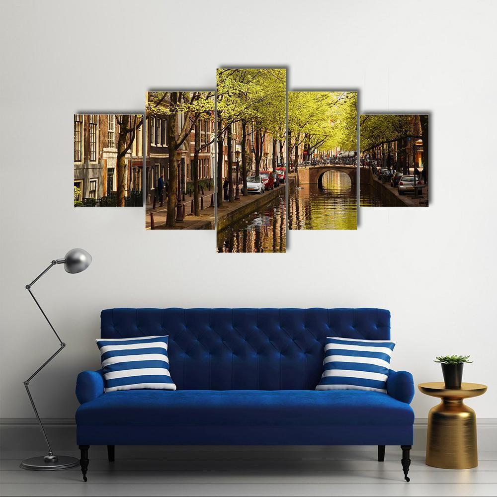 Amsterdam With Green Canal Canvas Wall Art-5 Star-Gallery Wrap-62" x 32"-Tiaracle
