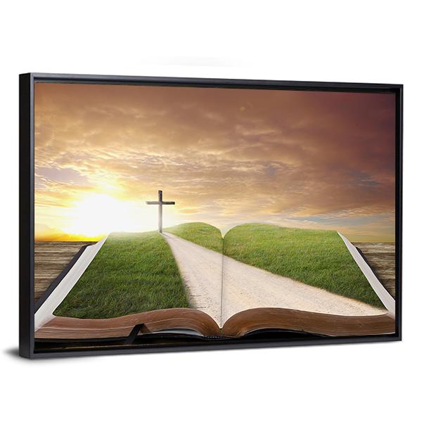 An Open Bible With Grassy Field Canvas Wall Art-3 Horizontal-Gallery Wrap-25" x 16"-Tiaracle