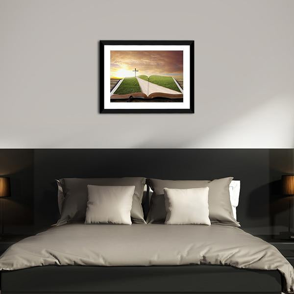 An Open Bible With Grassy Field Canvas Wall Art-3 Horizontal-Gallery Wrap-25" x 16"-Tiaracle