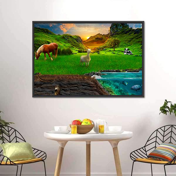 Animals In Green Meadow Canvas Wall Art-3 Horizontal-Gallery Wrap-25" x 16"-Tiaracle