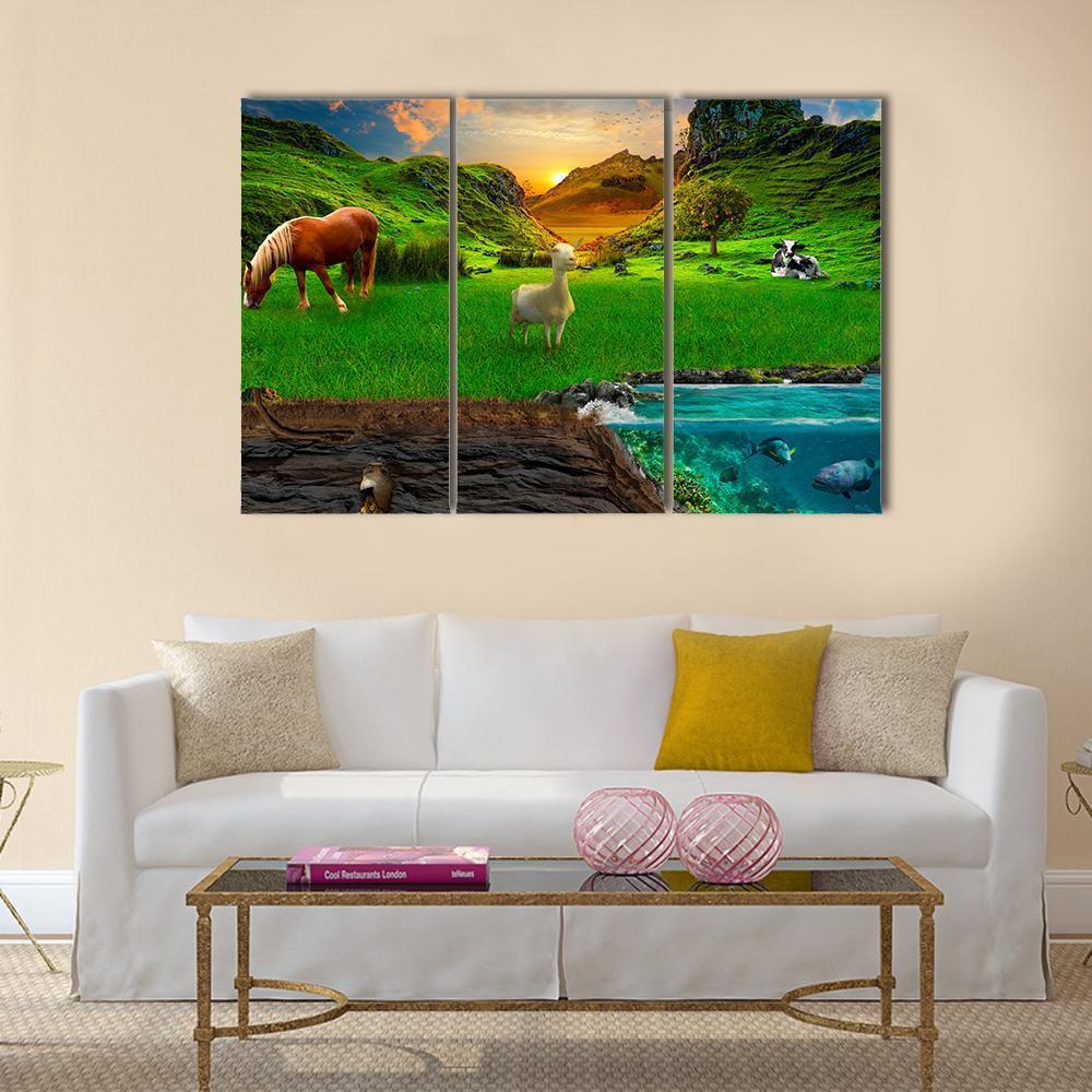 Animals In Green Meadow Canvas Wall Art-3 Horizontal-Gallery Wrap-37" x 24"-Tiaracle