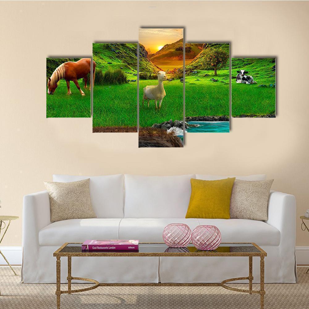 Animals In Green Meadow Canvas Wall Art-5 Star-Gallery Wrap-62" x 32"-Tiaracle