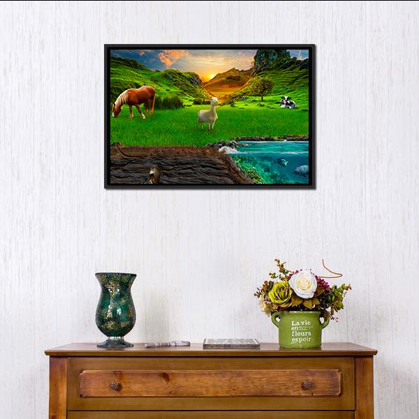 Animals In Green Meadow Panoramic Canvas Wall Art-1 Piece-36" x 12"-Tiaracle