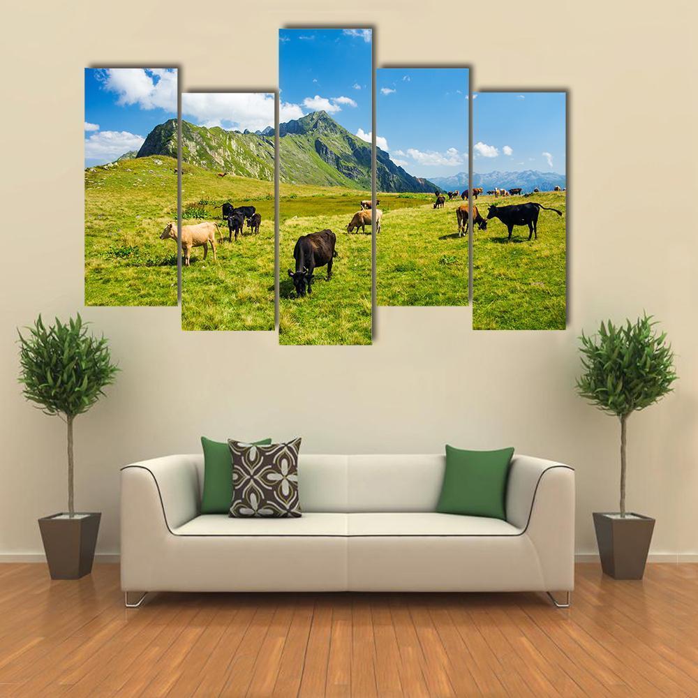 Animals In Highland Alpine Meadow Canvas Wall Art-5 Pop-Gallery Wrap-47" x 32"-Tiaracle