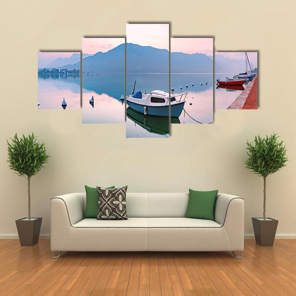 Annecy Lake At Sunrise Canvas Wall Art-5 Star-Gallery Wrap-62" x 32"-Tiaracle