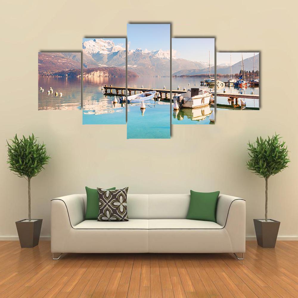 Annecy Lake In Alps Mountains Canvas Wall Art-5 Star-Gallery Wrap-62" x 32"-Tiaracle