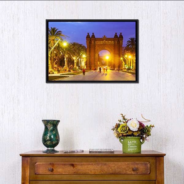 Arco de Triunfo In Evening Spain Canvas Wall Art-1 Piece-Floating Frame-24" x 16"-Tiaracle