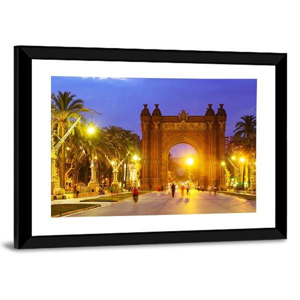 Arco de Triunfo In Evening Spain Canvas Wall Art-3 Horizontal-Gallery Wrap-25" x 16"-Tiaracle