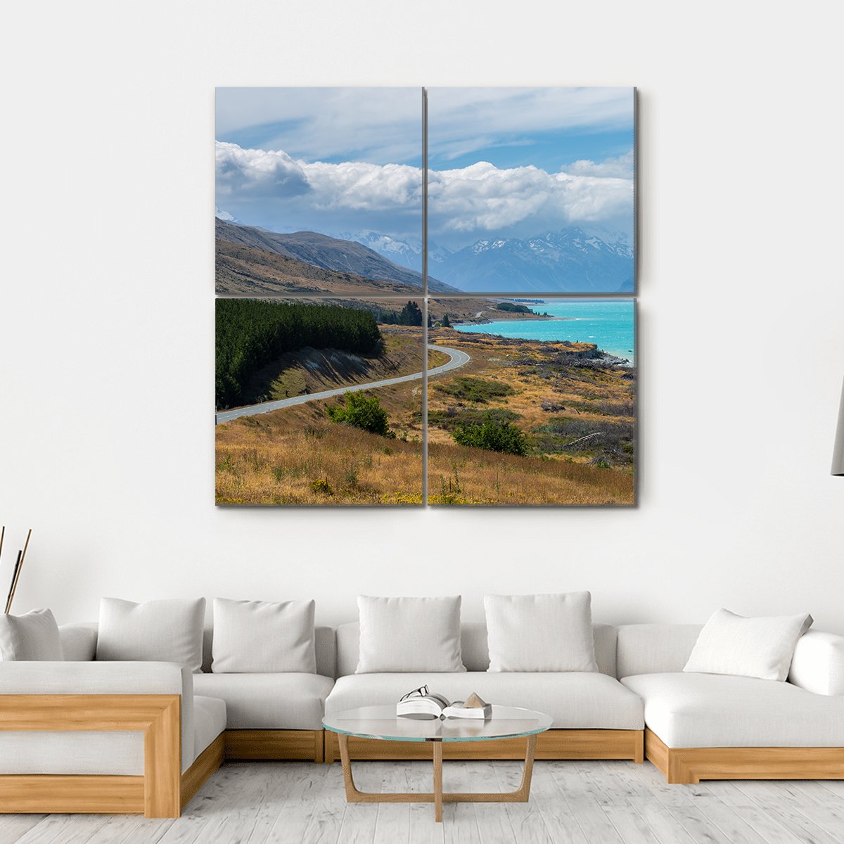 Asphalt Road Along Lake Pukaki Canvas Wall Art-4 Square-Gallery Wrap-17" x 17"-Tiaracle
