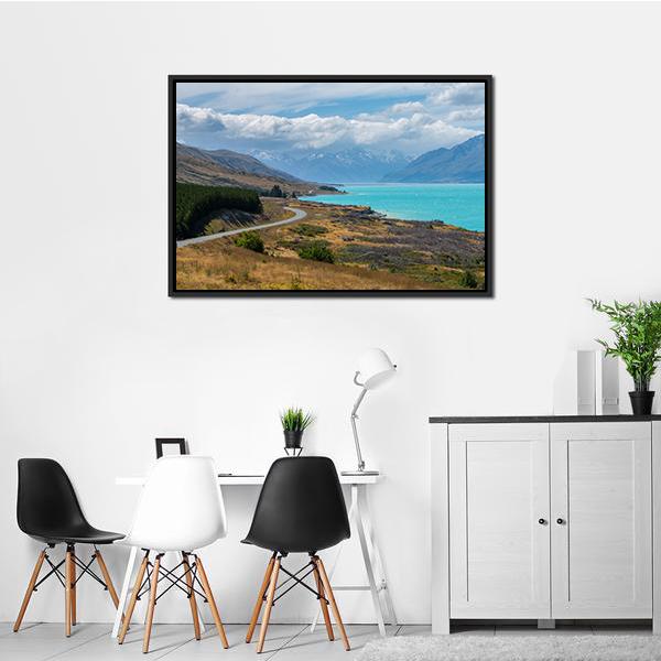 Asphalt Road Along Lake Pukaki Panoramic Canvas Wall Art-1 Piece-36" x 12"-Tiaracle