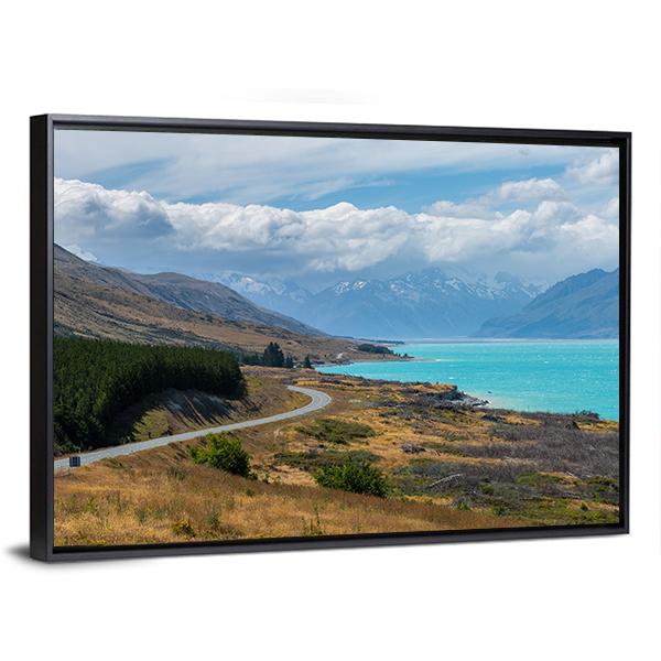 Asphalt Road Along Lake Pukaki Panoramic Canvas Wall Art-1 Piece-36" x 12"-Tiaracle