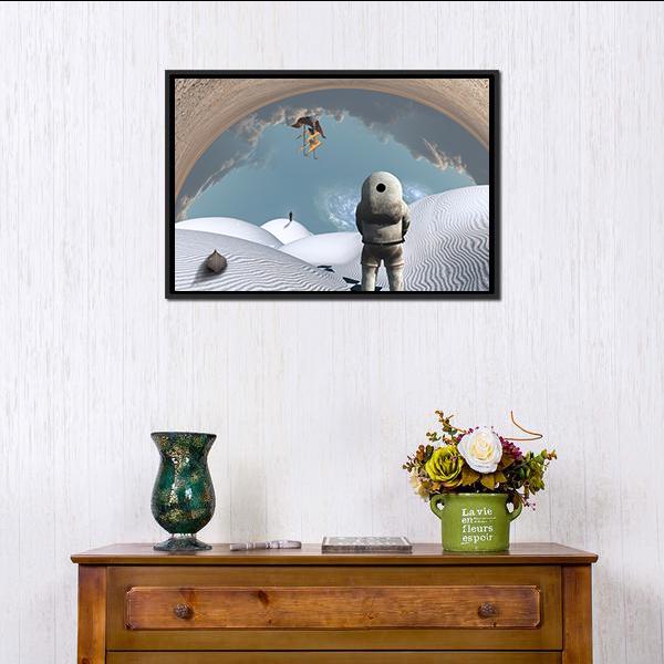 Astronaut In White Desert Canvas Wall Art-1 Piece-Floating Frame-24" x 16"-Tiaracle