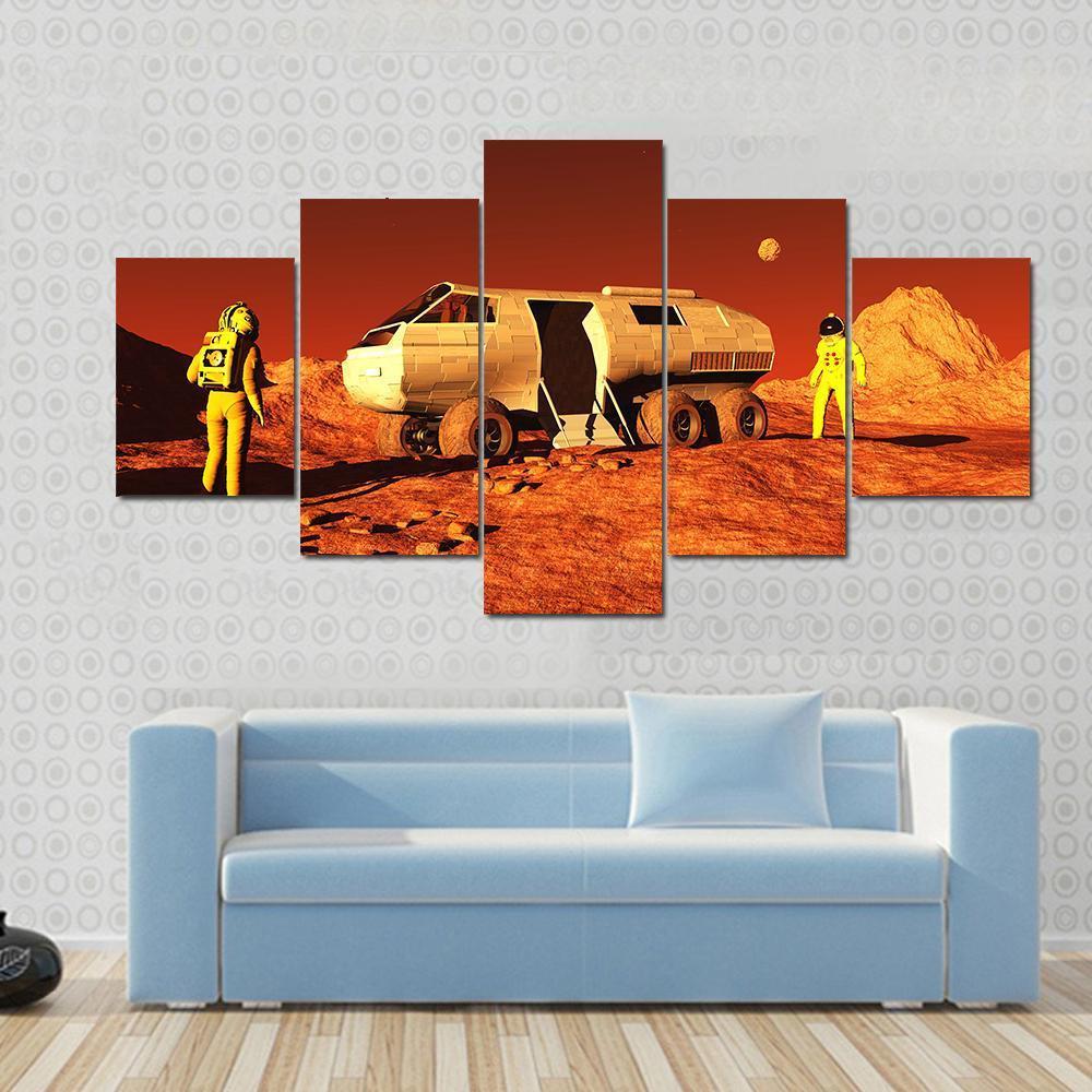 Astronauts & Mars Rover Canvas Wall Art-5 Star-Gallery Wrap-62" x 32"-Tiaracle