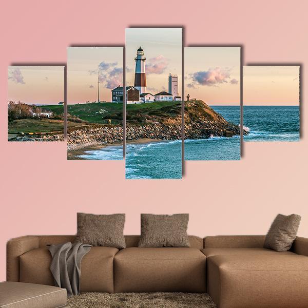 Montauk Lighthouse Canvas Wall Art-5 Star-Gallery Wrap-62" x 32"-Tiaracle