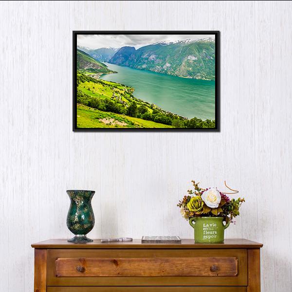 Aurland Valley & Fjords Canvas Wall Art-1 Piece-Floating Frame-24" x 16"-Tiaracle