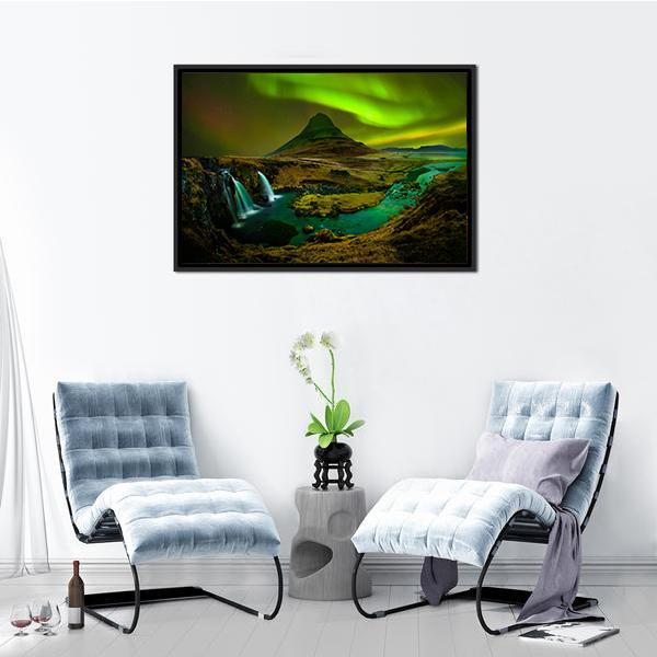 Aurora At Kirkjufell Waterfall Canvas Wall Art-3 Horizontal-Gallery Wrap-25" x 16"-Tiaracle