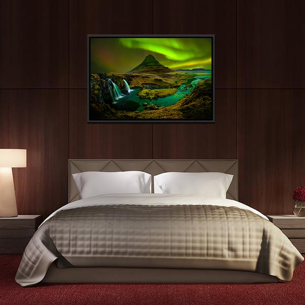 Aurora At Kirkjufell Waterfall Panoramic Canvas Wall Art-1 Piece-36" x 12"-Tiaracle
