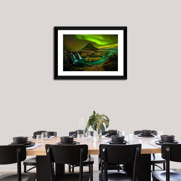 Aurora At Kirkjufell Waterfall Panoramic Canvas Wall Art-1 Piece-36" x 12"-Tiaracle