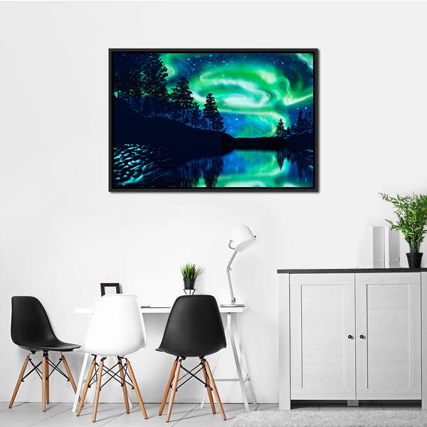 Aurora Borealis Above Lake Canvas Wall Art-1 Piece-Floating Frame-24" x 16"-Tiaracle