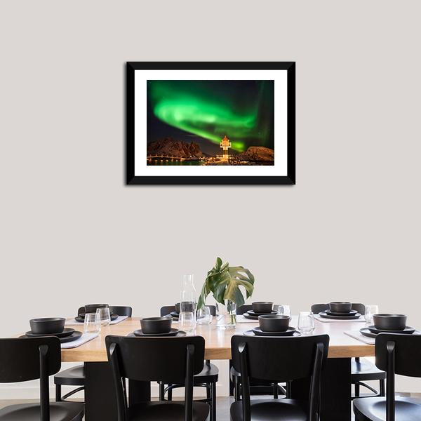 Aurora Borealis Above Lighthouse Lofoten Panoramic Canvas Wall Art-1 Piece-36" x 12"-Tiaracle