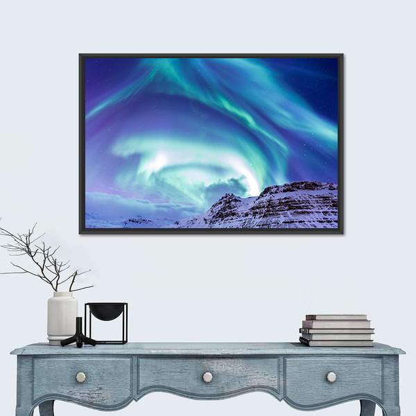 Aurora Borealis At Kirkjufell Canvas Wall Art-5 Horizontal-Gallery Wrap-22" x 12"-Tiaracle