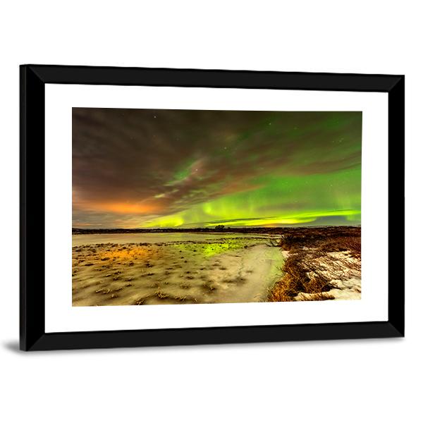 Aurora Borealis Over Frozen Lake Panoramic Canvas Wall Art-1 Piece-36" x 12"-Tiaracle