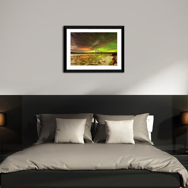 Aurora Borealis Over Frozen Lake Panoramic Canvas Wall Art-1 Piece-36" x 12"-Tiaracle