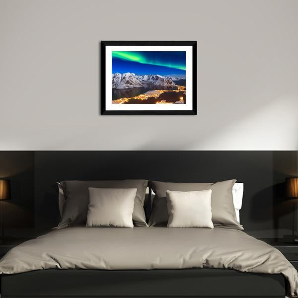 Aurora Borealis Over Reinebringen Mountain Ridge Panoramic Canvas Wall Art-1 Piece-36" x 12"-Tiaracle