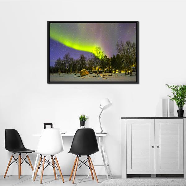 Aurora Borealis Over Snowscape Canvas Wall Art-1 Piece-Floating Frame-24" x 16"-Tiaracle