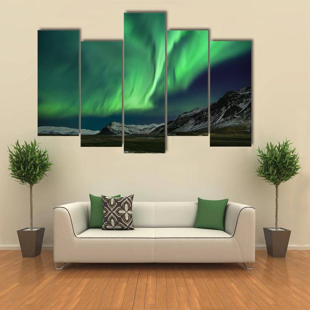 Aurora Polaris Above Mountains Canvas Wall Art-5 Pop-Gallery Wrap-47" x 32"-Tiaracle