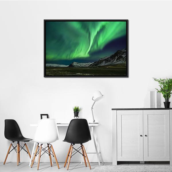 Aurora Polaris Above Mountains Canvas Wall Art-1 Piece-Floating Frame-24" x 16"-Tiaracle