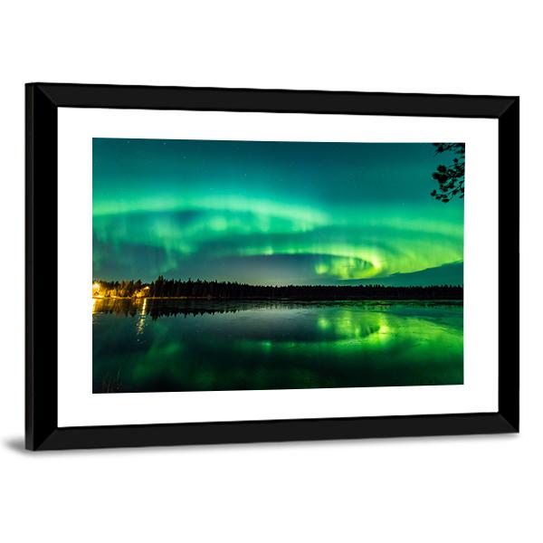 Aurora Show At Finnish Lake Canvas Wall Art-3 Horizontal-Gallery Wrap-25" x 16"-Tiaracle