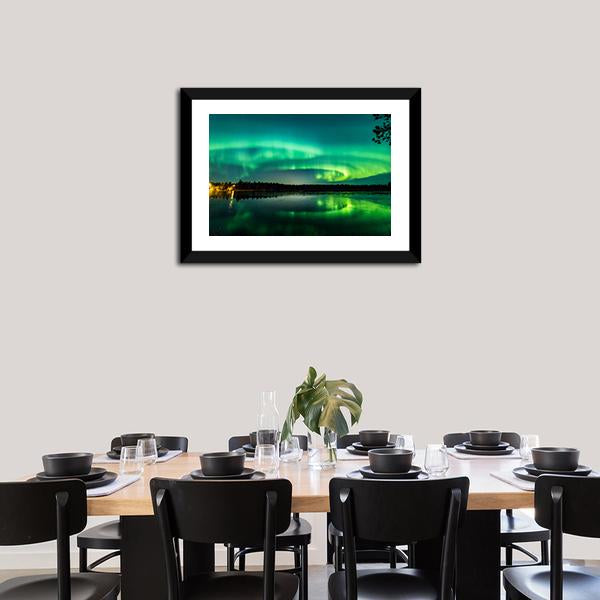 Aurora Show At Finnish Lake Panoramic Canvas Wall Art-1 Piece-36" x 12"-Tiaracle