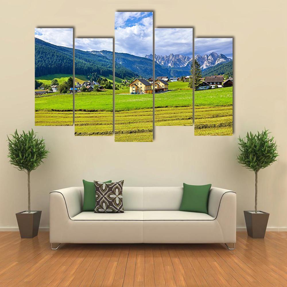 Austrian Village & Meadows Canvas Wall Art-5 Pop-Gallery Wrap-47" x 32"-Tiaracle